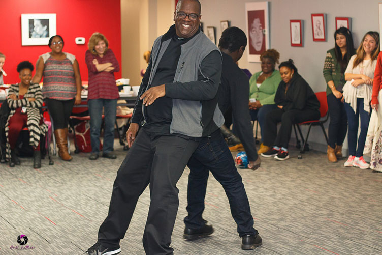 Professor Baron with students doing acting exercise