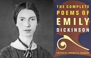 Photo of Emily Dickinson next to a photo of the cover of her book of poetry