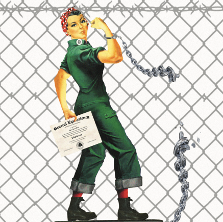 Classic Rosie the Riveter image seen in a jumpsuit, breaking a chain in a chain link fence, while holding a diploma, symbolizing breaking cycles of incarceration through education