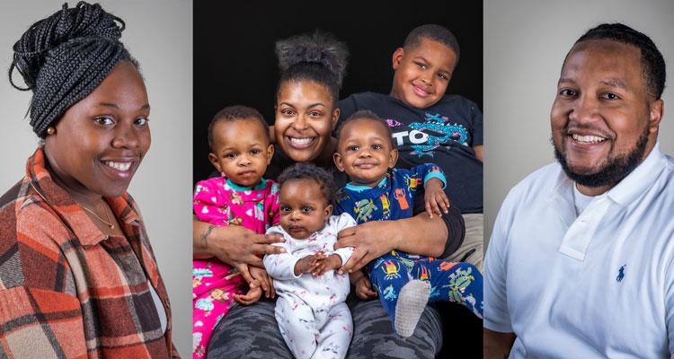Collage of photos of Talaisha, Ontario, and another Odyssey student and her children