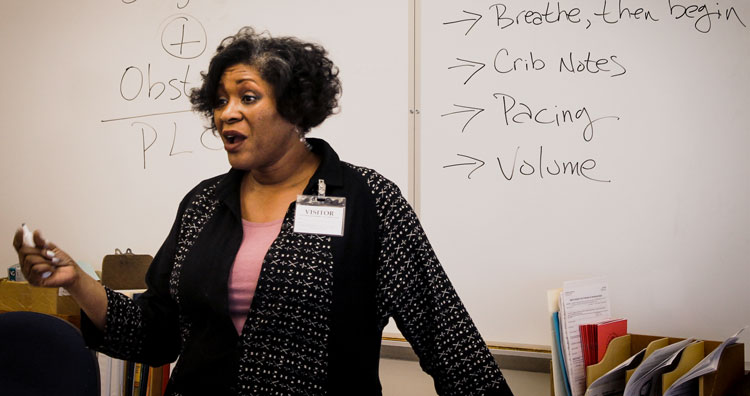 Wisconsin Poet Laureate Dasha Kelly Hamilton meets with Odyssey Beyond Bars students at Green Bay Correctional in spring 2022 (Photo courtesy of GBCI staff)