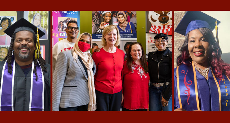 A collage of images of Corey Saffold and Michelle Bozeman in their graduation caps and gowns, students with Tammy Baldwin