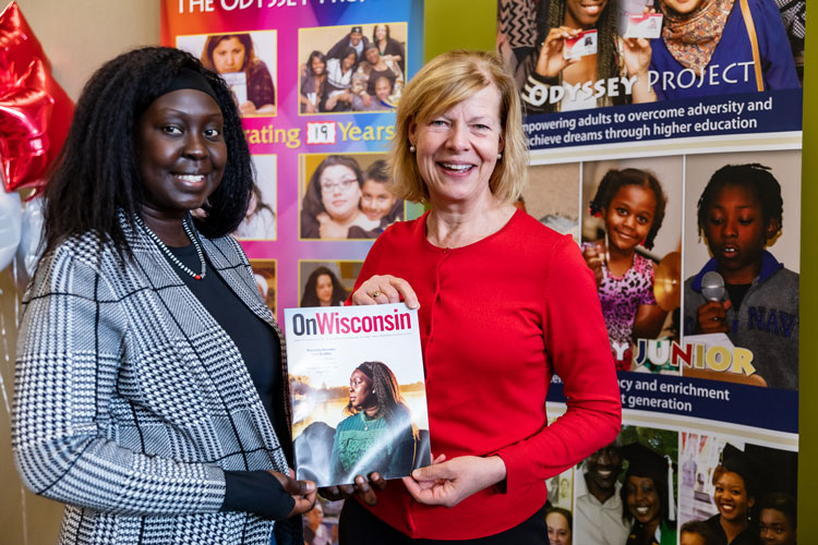 Tammy Baldwin and Josephine pose with Josephine's 'On Wisconsin' magazine cover