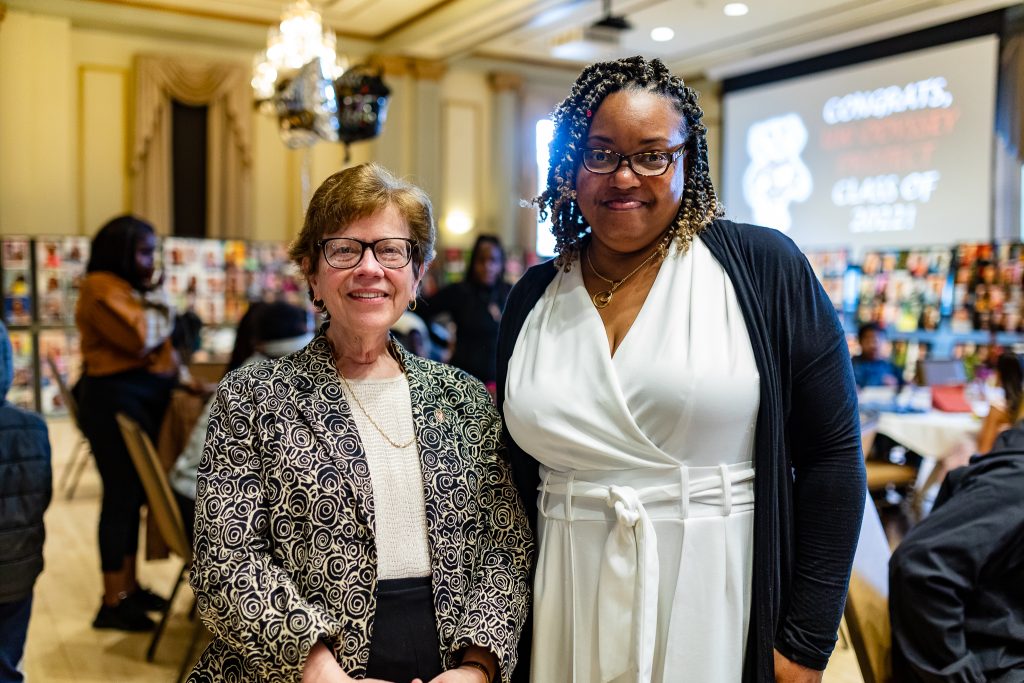 Former UW Chancellor Rebecca Blank with Odyssey student Ericka Booey