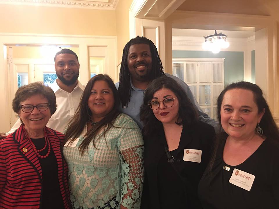 Former UW Chancellor Rebecca Blank, Emily Auerbach, and Corey Saffold with several former Odyssey students