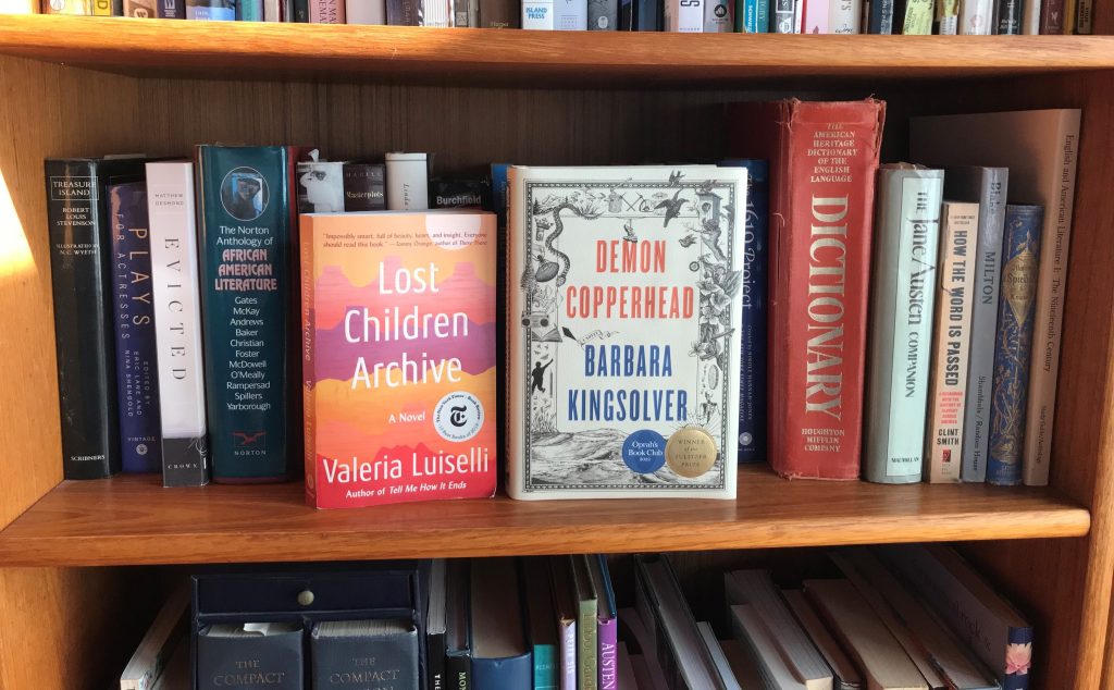 Bookshelf full of books, highlighting Bone Black by Bell Hooks, and Here I Stand by Paul Robeson