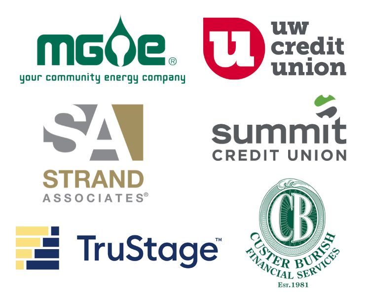 Sponsor logos for MG&E, UW Credit Union, Strand Associates, Summit Credit Union, TruStage, Custer Burish Financial Services
