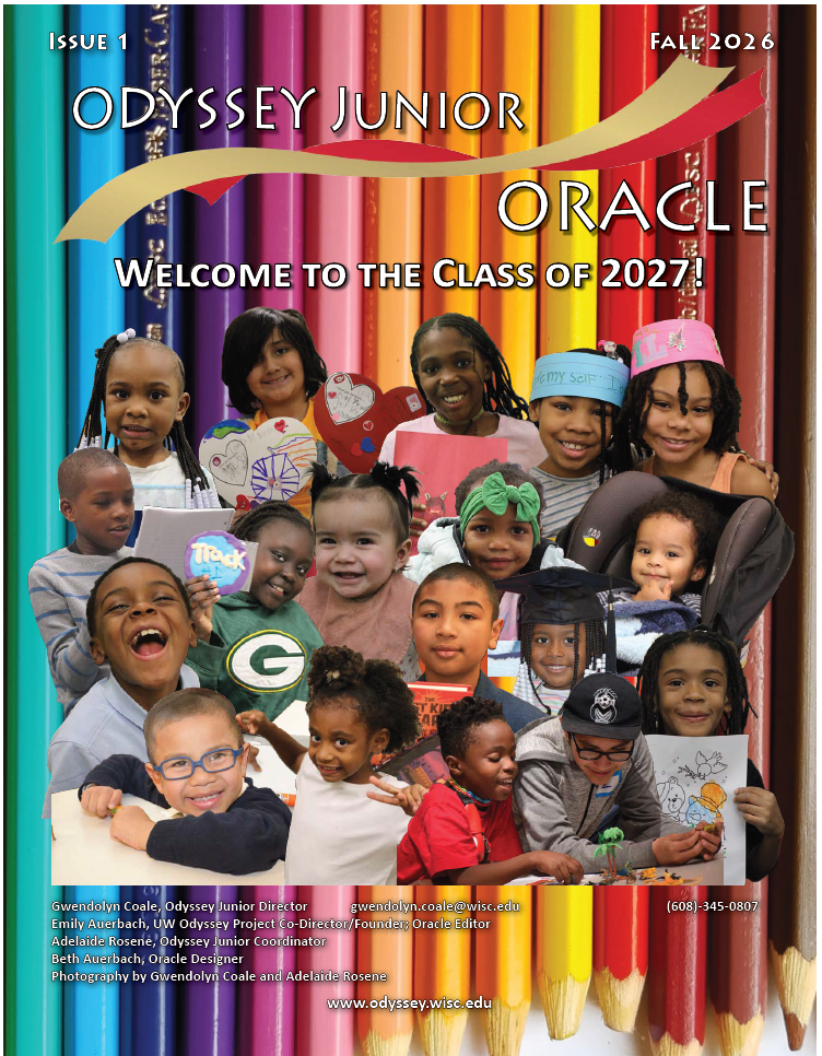 Children posing with books and artwork on Odyssey Junior Oracle cover.