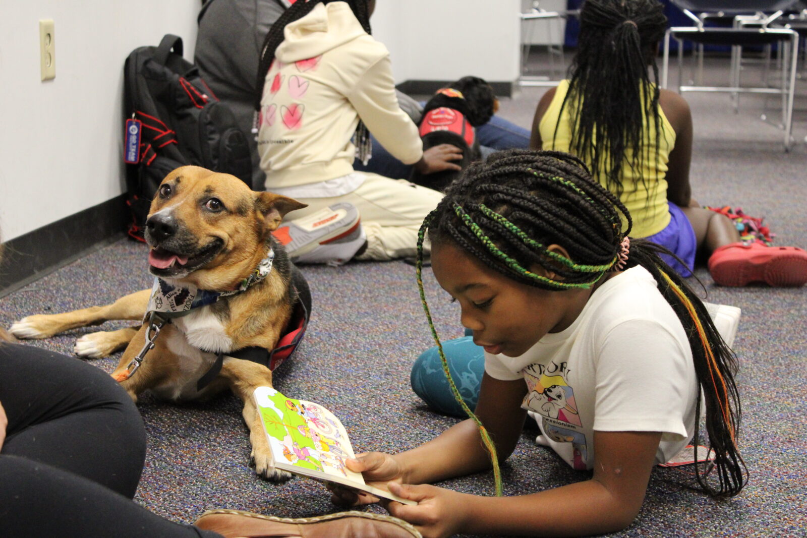 Odyssey Junior student reads to a therapy dog